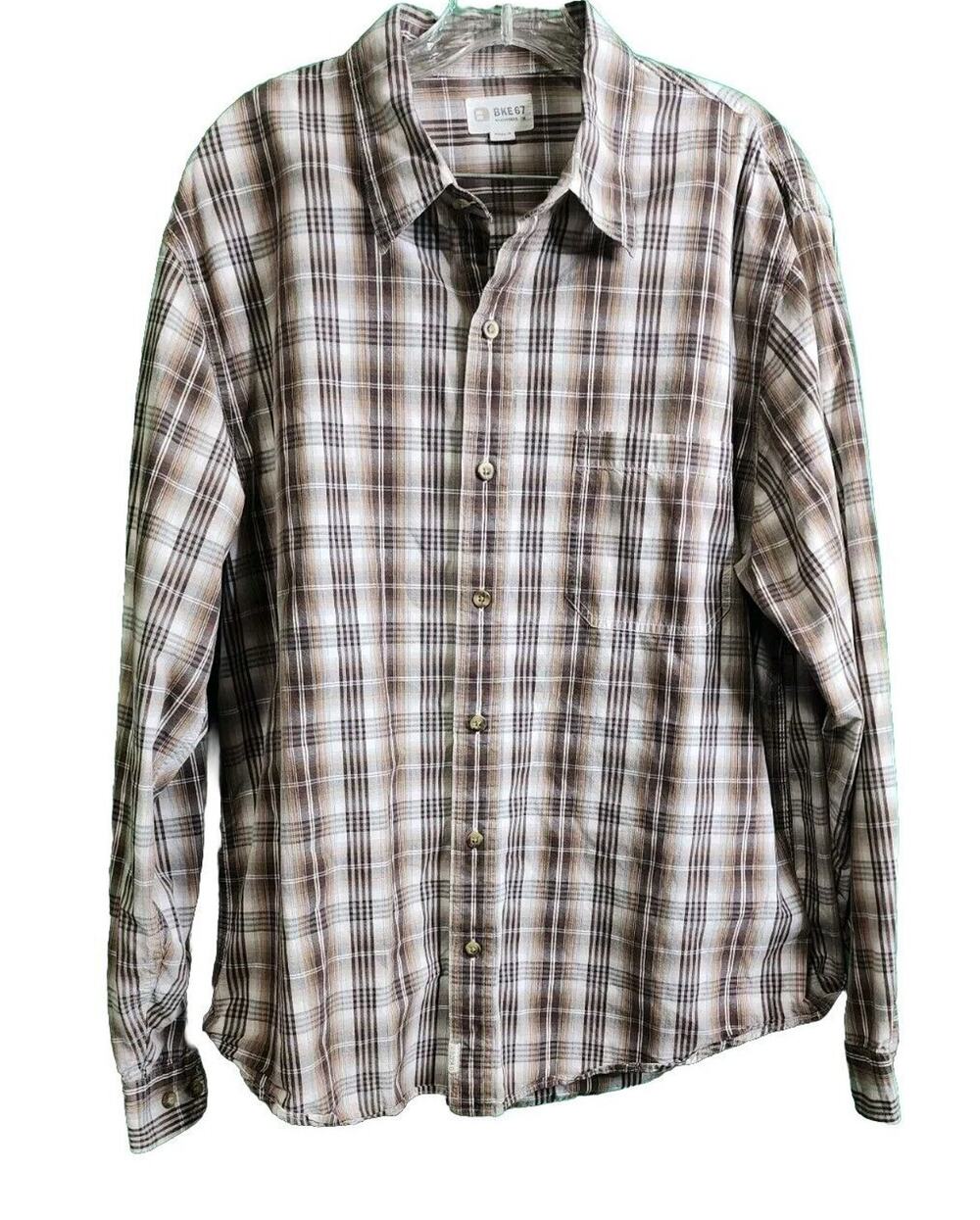 VINTAGE BKE 67 Mens Button Up Shirt Long Sleeve Size XL Brown White Plaid